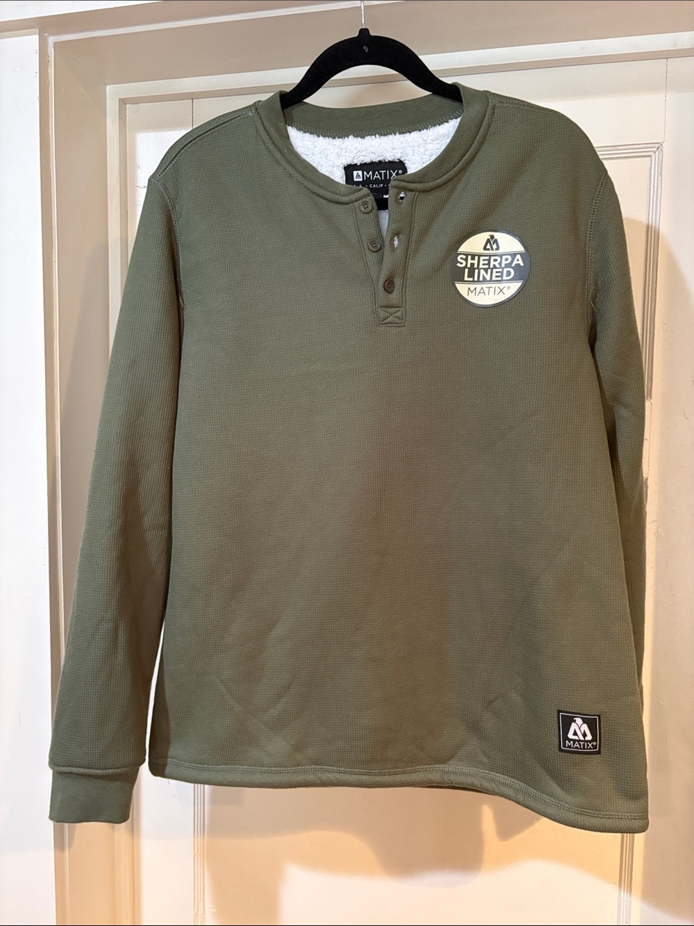 Matix Olive Green Sherpa-Lined Henley Pullover Medium
